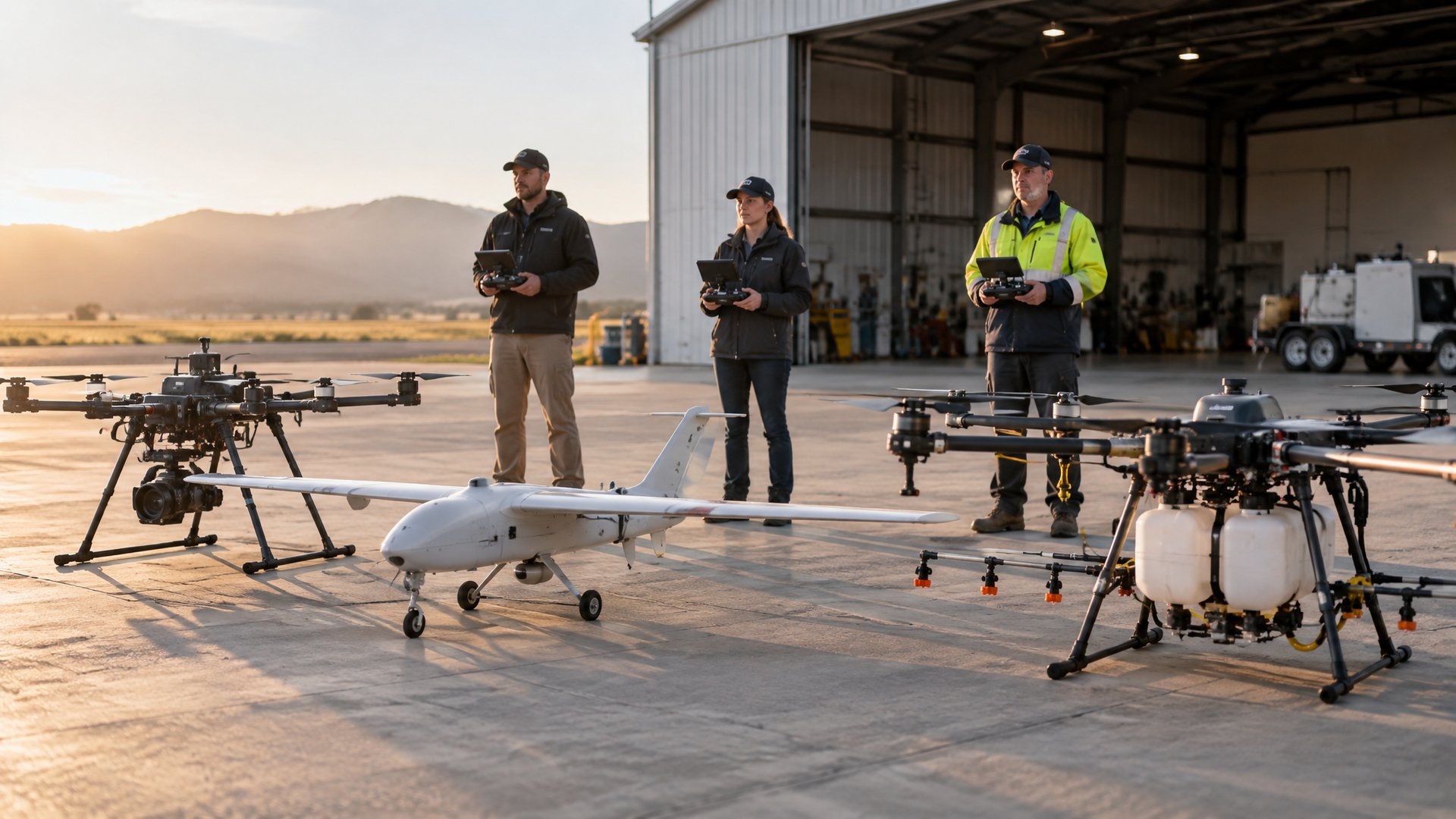 Survey, mapping and agricultural drones lined up with their pilots